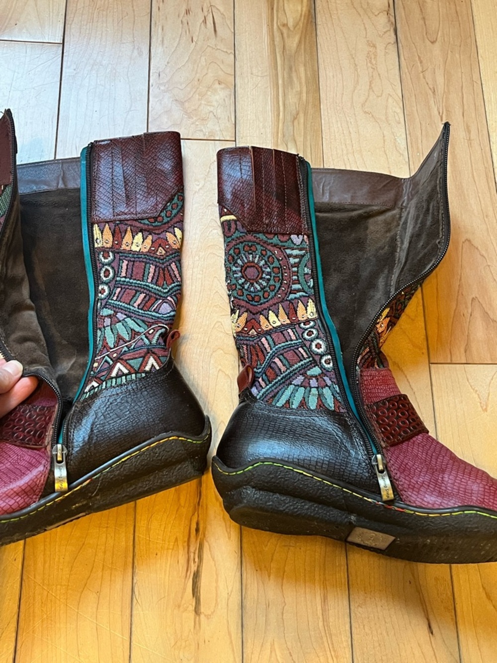 Socofy Tapestry and Leather Tall boots zip up side decorative silver buckle 39 - Picture 4 of 11